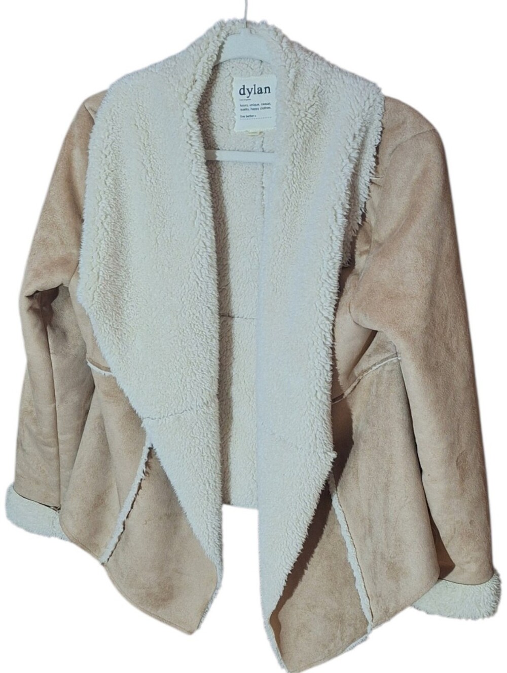 Dylan by True Grit Faux Suede Sherpa Lined Jacket Tan Boho Shawl Collar M